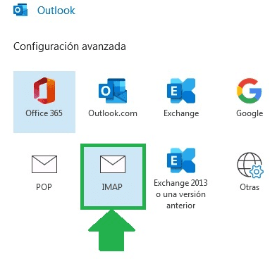 Configurar correo en Outlook 4 Boton IMAP outlook