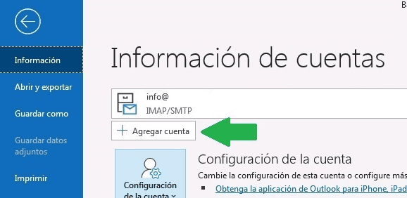 Configurar correo en Outlook 2 Boton agregar cuenta outlook