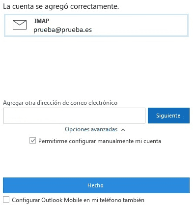 Configurar correo en Outlook 7 Ventana cuenta agregada outlook